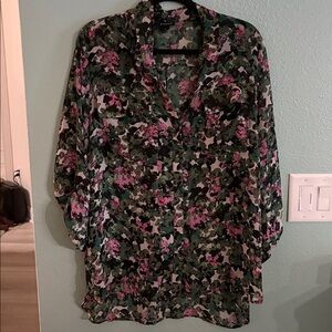 Floral Camouflage Sheer Blouse - Pink & Green